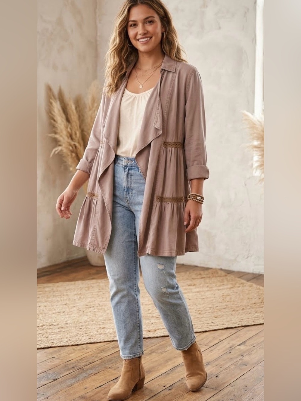Knox Rose Mauve Open Front Tiered Boho Jacket Size Medium